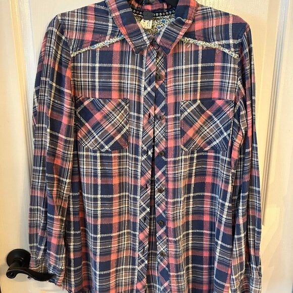 Free People We The Free Paneled Pink & Blue Plaid Shirt Size Medium - Picture 1 of 11